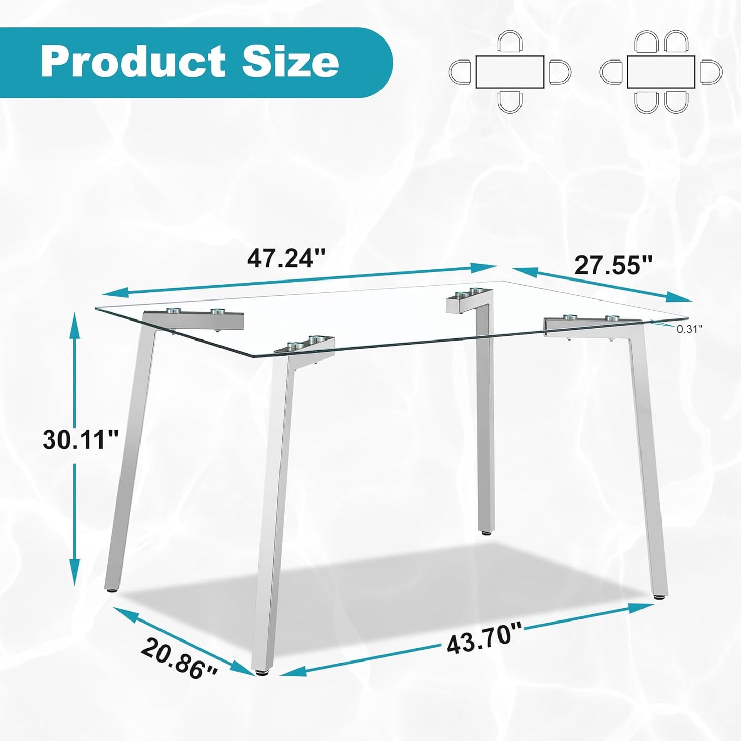 Dining Table for 6 Kitchen Table 51" Rectangular Modern Glass Dining Table Kitchen & Dining Room Tables with Glass Tabletop and Metal Legs for Dining Room and Kitchen, Silver