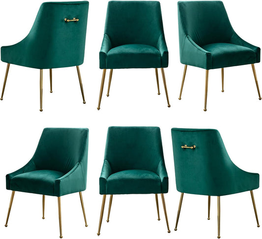 Velvet Dining Chairs, Furniture Collection Modern Contemporary Upholstered with Polished Gold Metal Legs, Set of 6(Green)