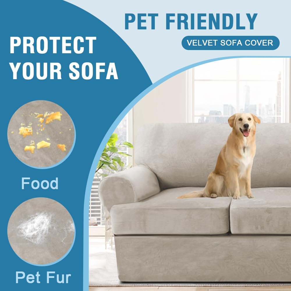 H.VERSAILTEX Sofa Cover 3 Piece T Cushion Sofa Slipcovers Thick Velvet Couch Cover Stretch T Cushion Sofa Covers for 2 Cushion Couch with 2 Individual T Cushion Covers, French Oak