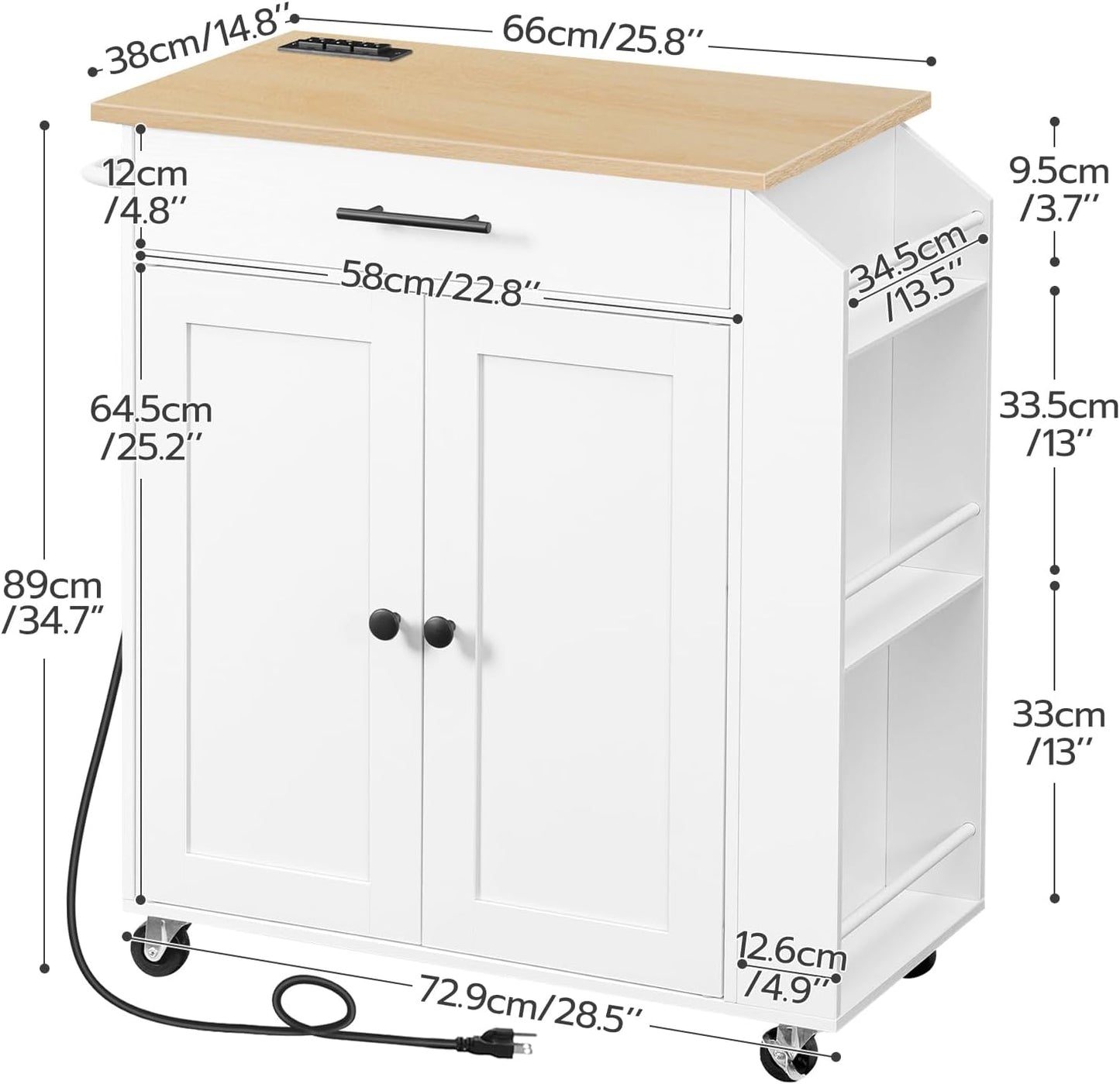 HOOBRO Kitchen Island with Power Outlet, Kitchen Storage Island with Spice Rack and Drawer, Rolling Kitchen on Wheels, for Home, Dining Room, Natural and White