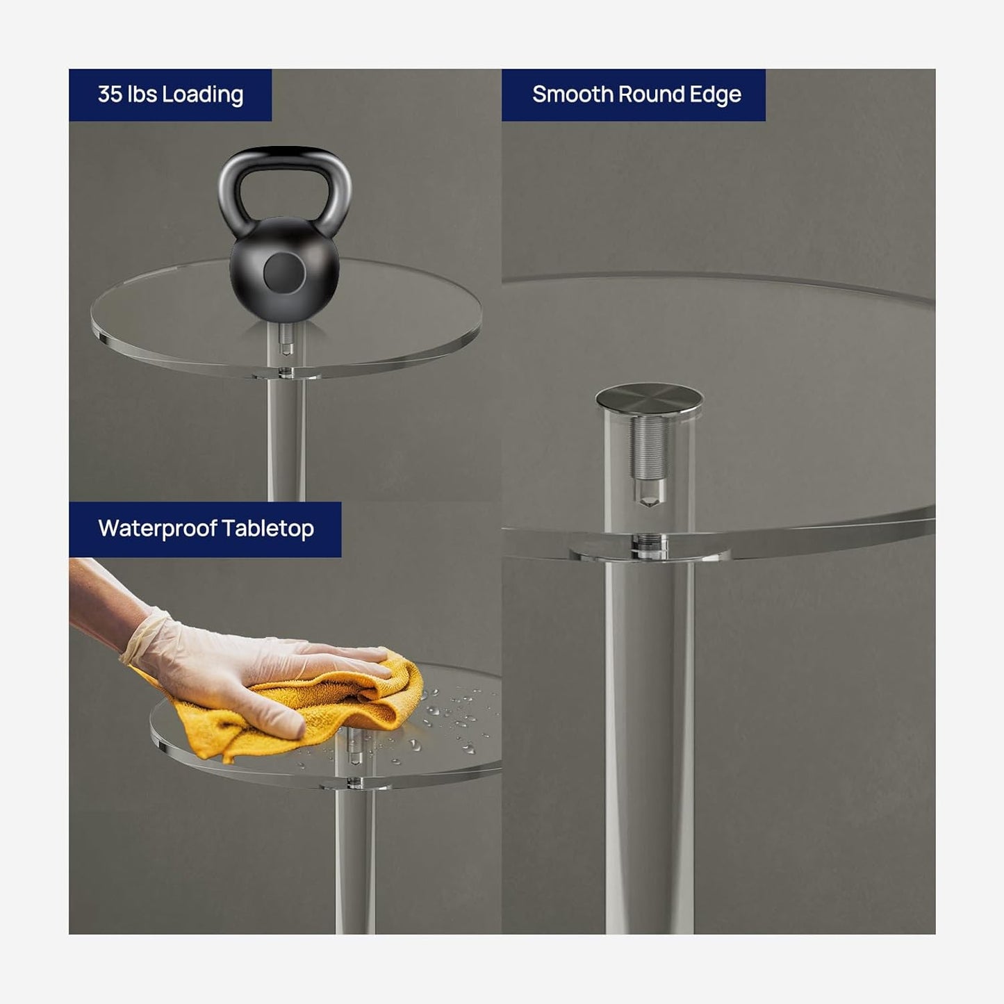 HMYHUM Acrylic Drink Table for Small Spaces, 11.8" L x 11.8" W x 21.3" H, Clear Pedestal Side Table for Living Room, Round, Easy Assembly