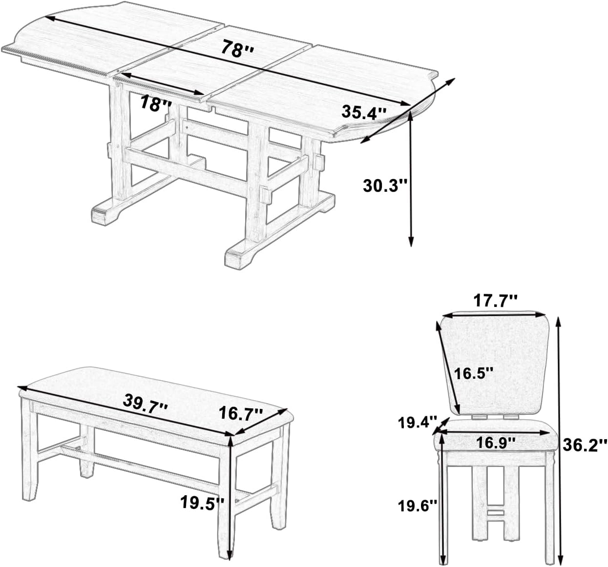 Ball & Cast 6 Pieces 78inch Extendable Wood Dining Table Set with Bench,Traditional Kitchen Table Set w/ 18inch Removable Leaf and 4 Upholstered Dining Chairs,for 5 People Dining Room,Espresso+Beige