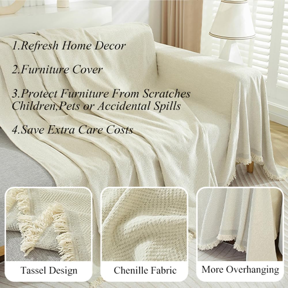 STACYPIK Modern Beige Couch Covers for Dogs Cats Thick Chenille Ivory White Sofa Cover Sofa Slipcover Furniture Protector for 3 Cushion Couch with Tassel Non-Silp Futon Cover Sofa Protector-71X150IN
