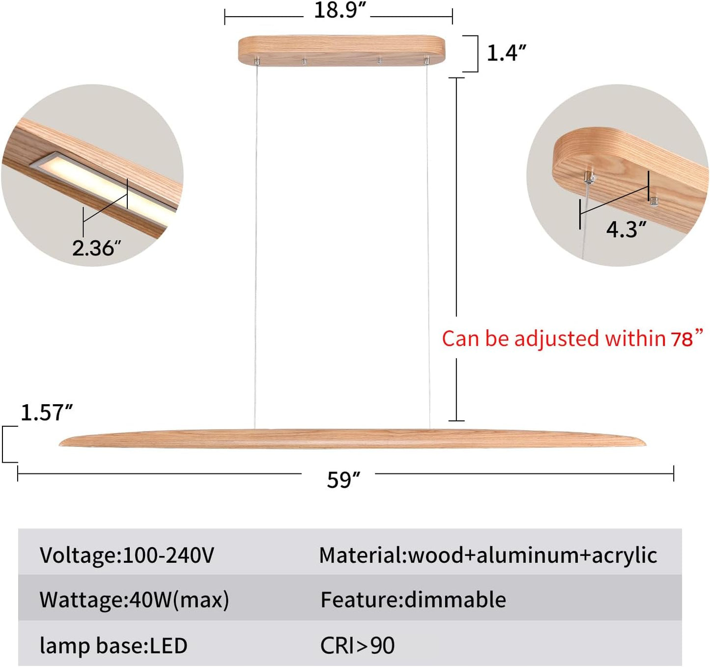 59" 40W Wood LED Linear Pendant Light Fixture Led Dining Room Light Dimmable Hanging Light Fixture for Dining Room Kitchen Island Pool Table Lights Natural Ash