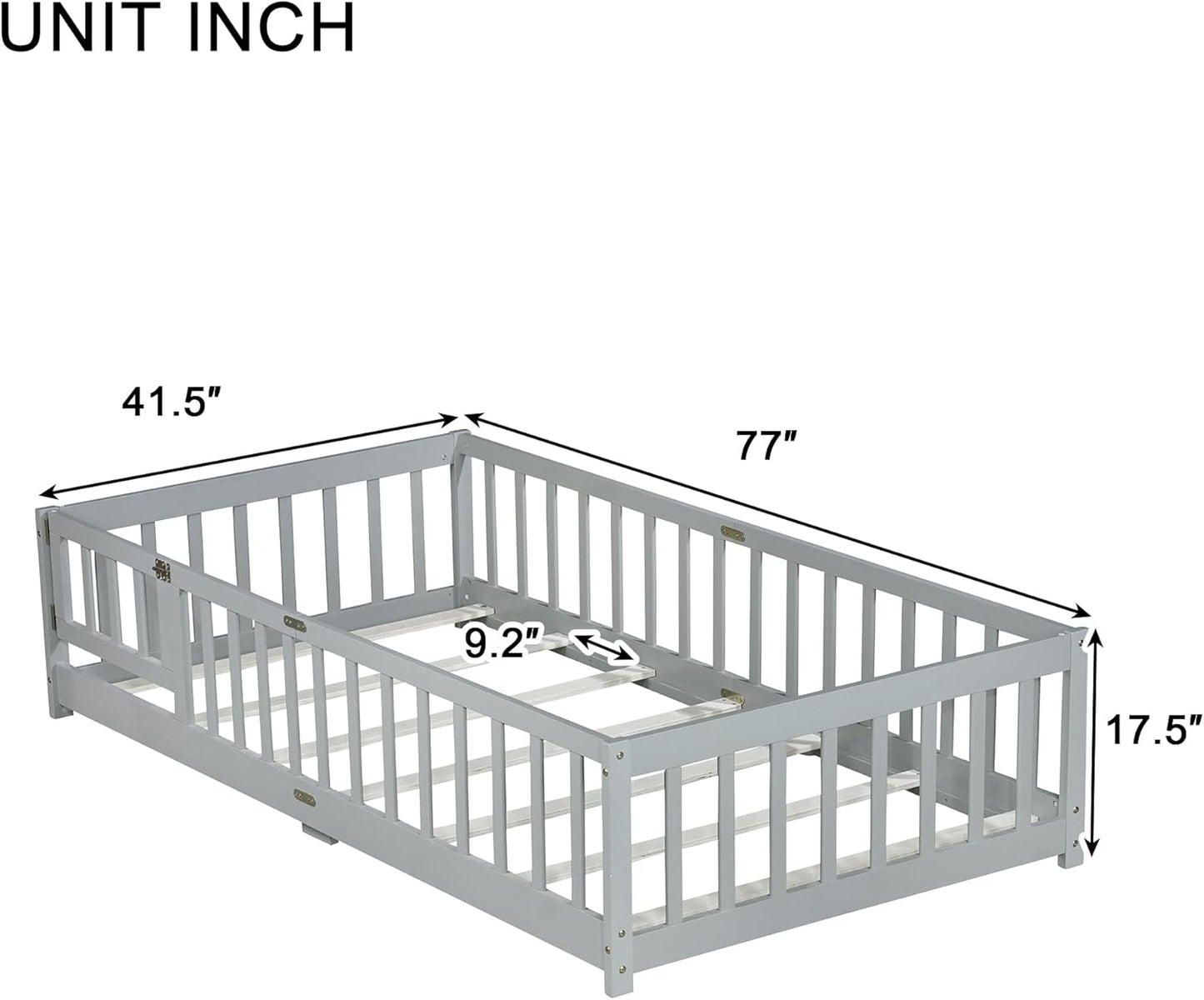 Bellemave Twin Floor Bed with Slats and Safety Guardrails, Kids Montessori Floor Beds with Fence and Door, Easy Assemble Floor Bed for Kids, Girls, Boys, Gray