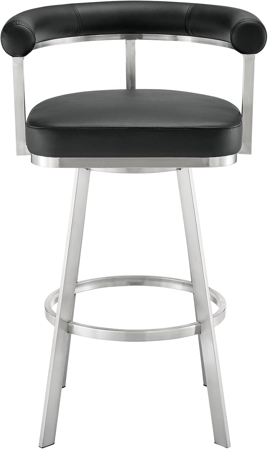 Armen Living Magnolia Swivel Bar Stool in Brushed Stainless Steel with Black Faux Leather
