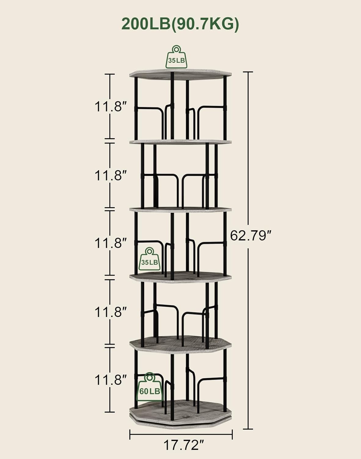 5 Tier Rotating Bookshelf, 360 Display Round Spinning Bookshelf Tower for Kids Room, Corner Shelf for Living Room, Office, Bedroom, Black