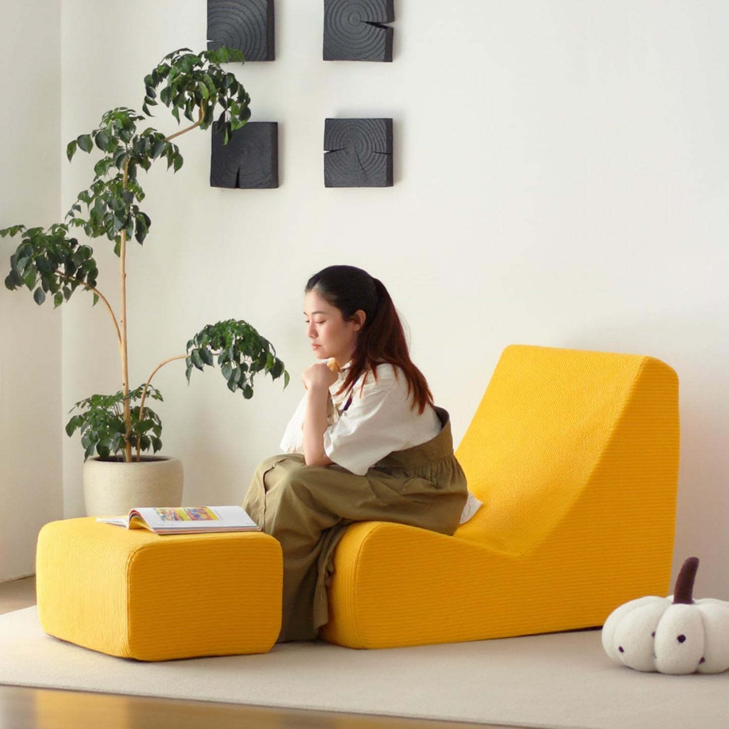 N&V Bean Bag Chair Single Seated Foam Sofa Armless Floor Sofa with High Density Foam Removable and Machine Washable Cover (Burnt Yellow, Large, Corduroy Stripes)