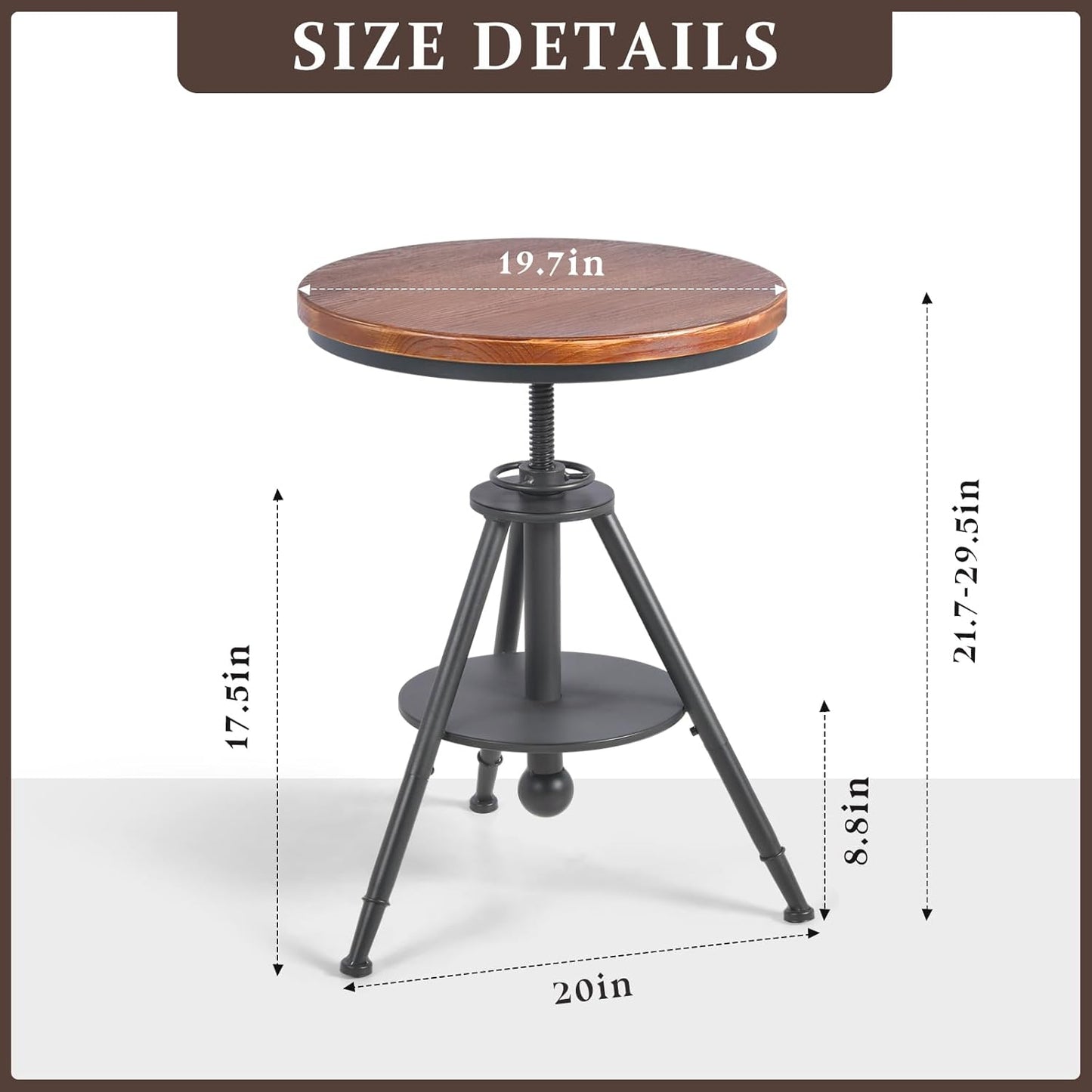Dia 19.7" Round Pub Table Height Adjustable with 360 Swivel Solid Wood Tabletop for Dining Bistro Cafe Home Bar, Rustic Brown