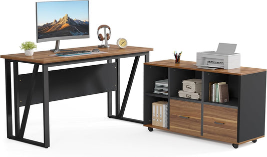 LITTLE TREE 55-Inch L-Shaped Computer Desk, Large Corner Desk with Drawers, Modern Office Workstation Study Desk, Corner Computer Desk for Home Office, Bedroom, Brown