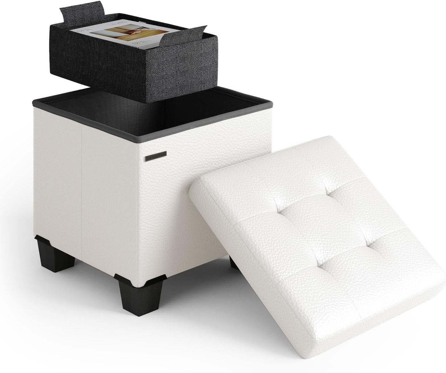 STORAGEBUD Storage Ottoman Cube with Small Bin, 16-in Square Ottoman with Storage for Living Room and Bedroom, Small Ottomans Foot Rest, Faux Leather Foot Stools Ottomans Max 330lbs, Cream