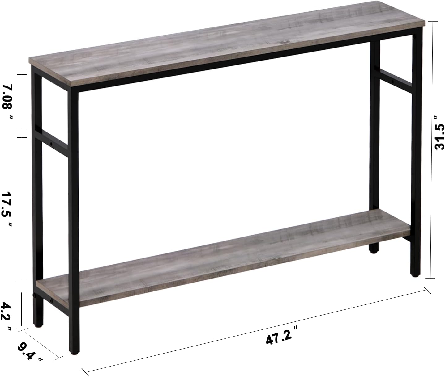 Narrow Console Table, 47 Inch Sofa Table with Adjustable Shelf, 2-Tier Long Skinny Table for Hallway, Entryway, Living Room, Foyer, Grey