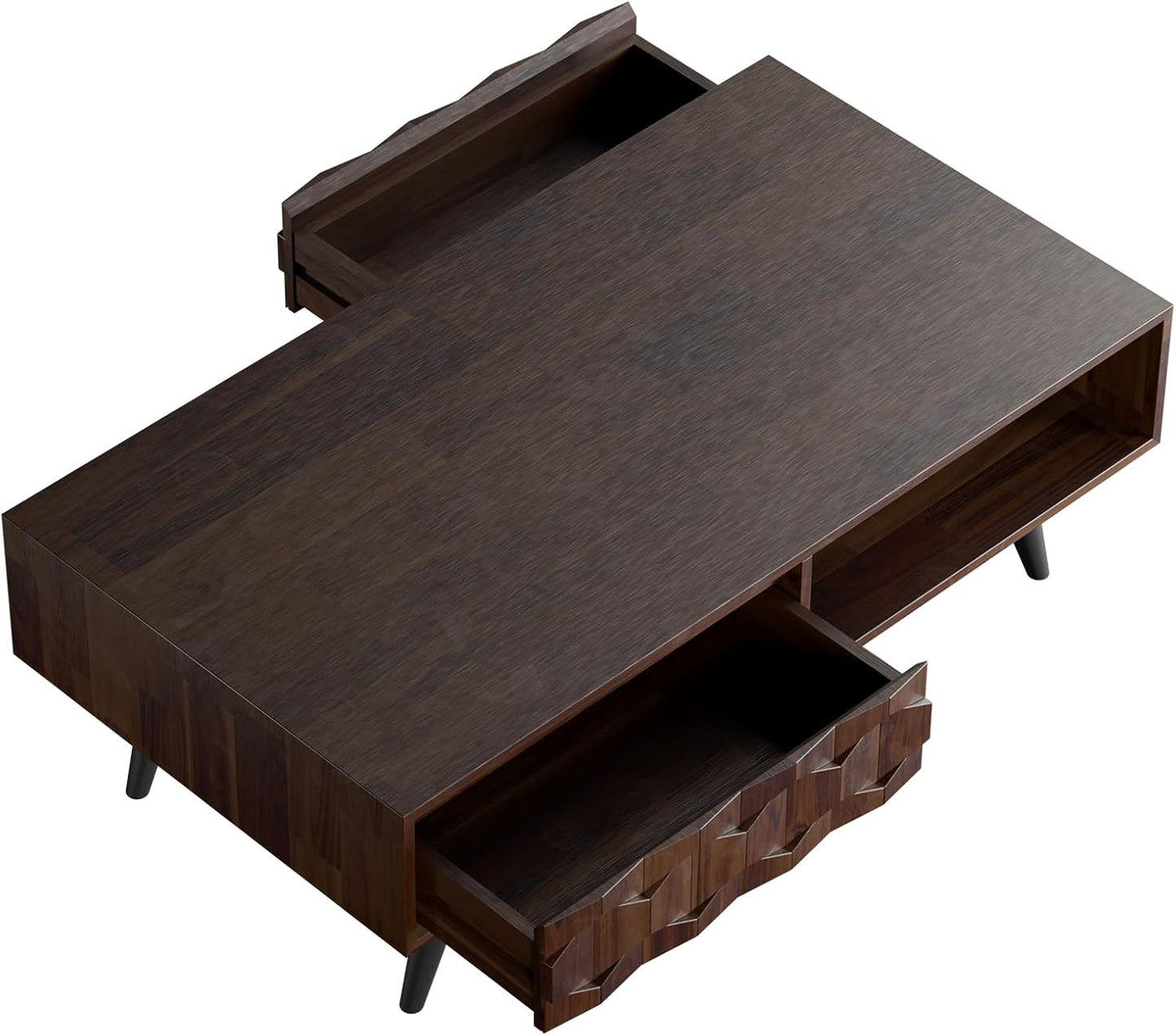 Bme Georgina Solid Wood Coffee Tables for Living Room, Coffee Table Mid Century Modern with 2 Symmetrical Storage Drawers & Geometric Details, Fully Assembled Center Table, Walnut