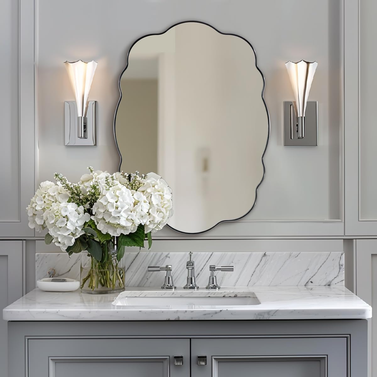 ANDY STAR Brushed Nickel Bathroom Mirror, 24x32 Inch Silver Asymmetrical Wall Mirror, Oval Bathroom Vanity Mirror, Unique Irregular Wall Mirror with Sophisticated Curved Design