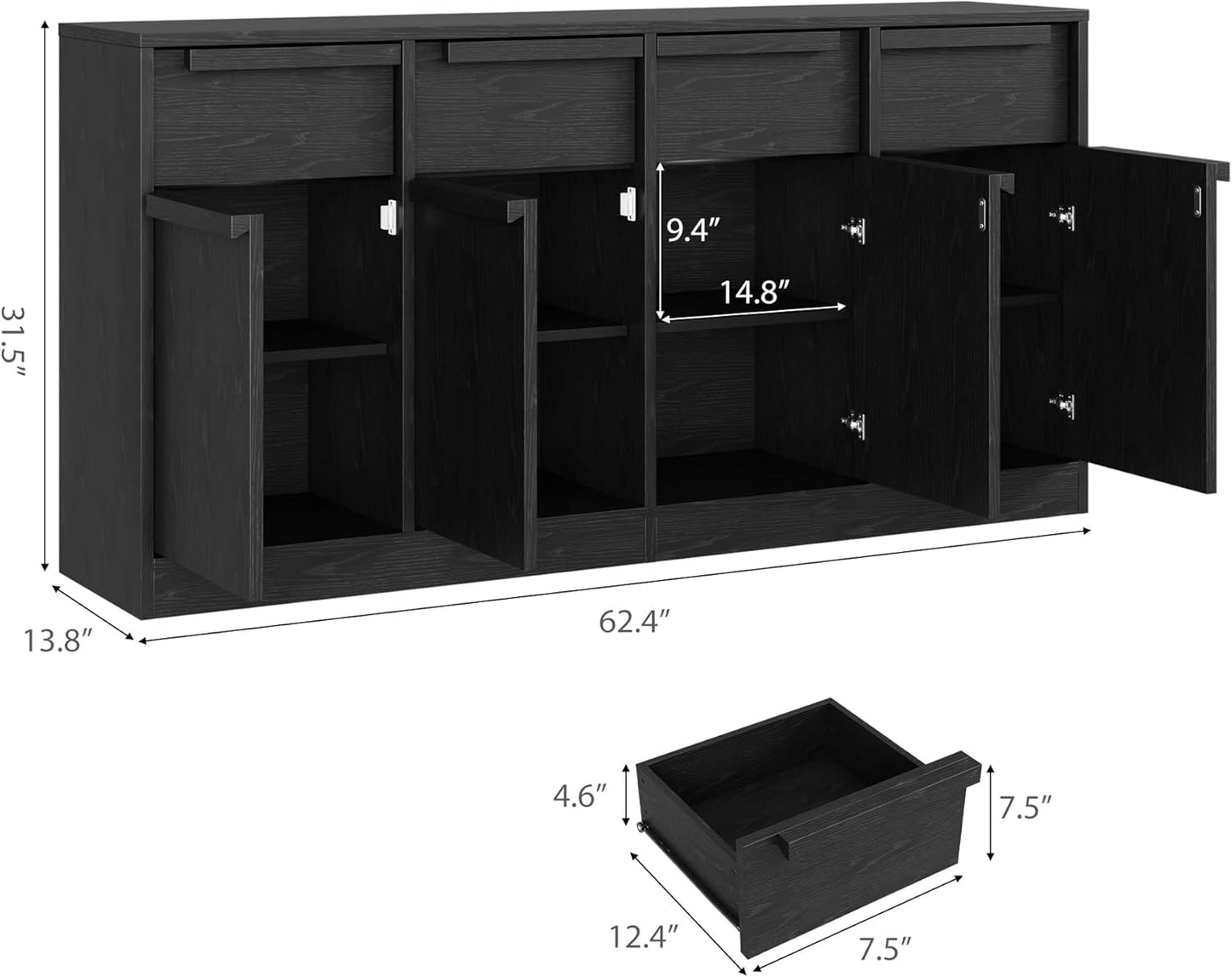 GarveeHome Sideboard Buffet Cabinet with 4 Drawers, 62.4" Large Coffee Cabinet with Storage, Modern Storage Buffet Table for Kitchen Dining Room, Living Room (Black, 4 Doors & 4 Drawers)