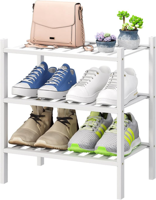 Small Shoe Rack for Entryway, White Shoe Organizer for Closet, Bamboo Wood Standing Shoe Shelf for Indoor Outdoor (White, 3-Tier_Samll)