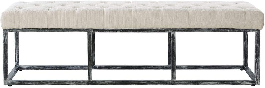 24KF Upholstered Tufted Long Bench Seats with Metal Frame Leg, Linen Bench Ottoman with Padded Seat-Ivory