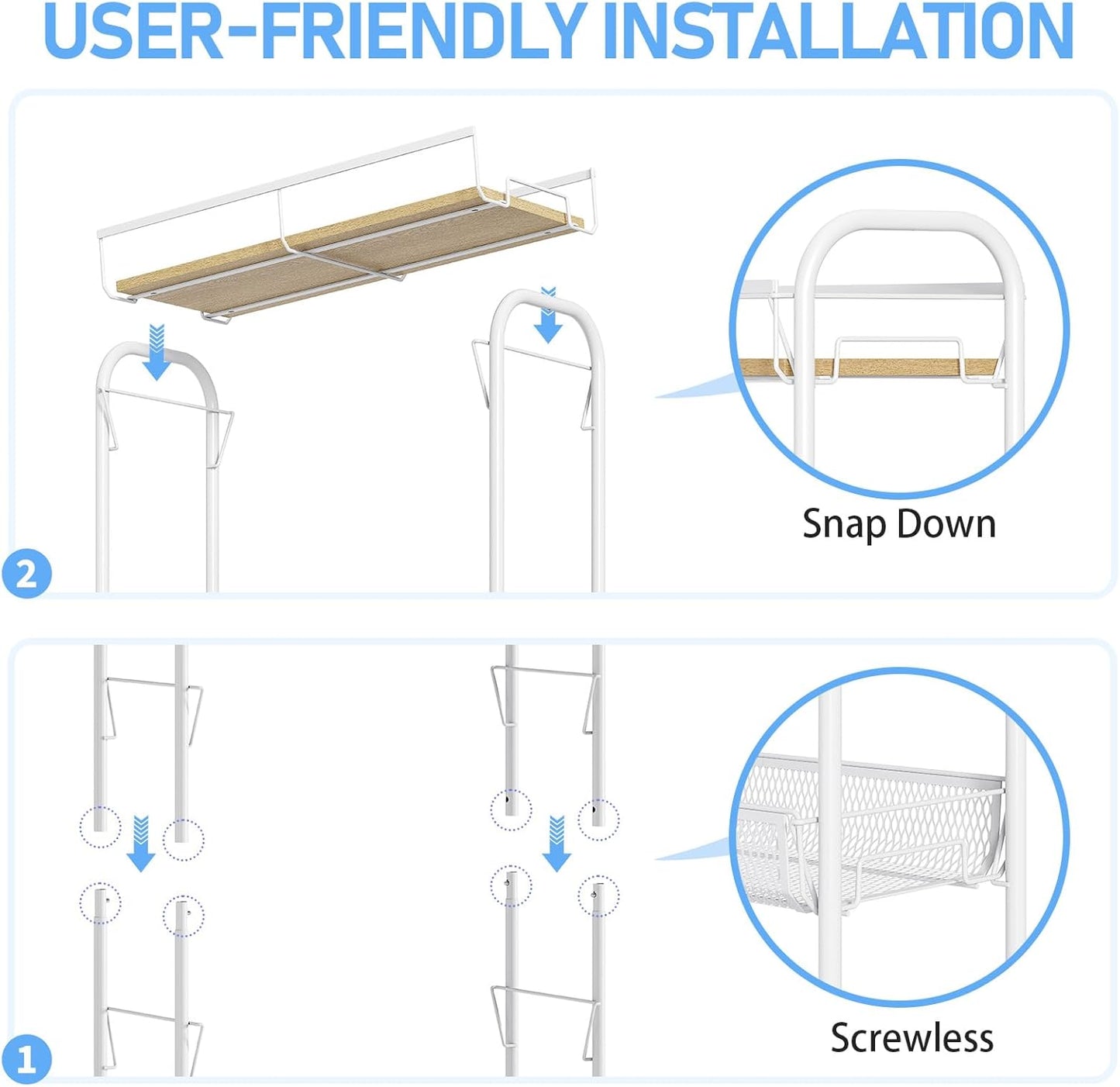 KINGRACK Metal Slim Rolling Cart,4-Tier Metal Utility Cart,Storage Cart with Wooden Tabletop, for Narrow Space on Laundry Bathroom Kitchen Room Bedroom Apartments Dormitory (Pure White, Slim)