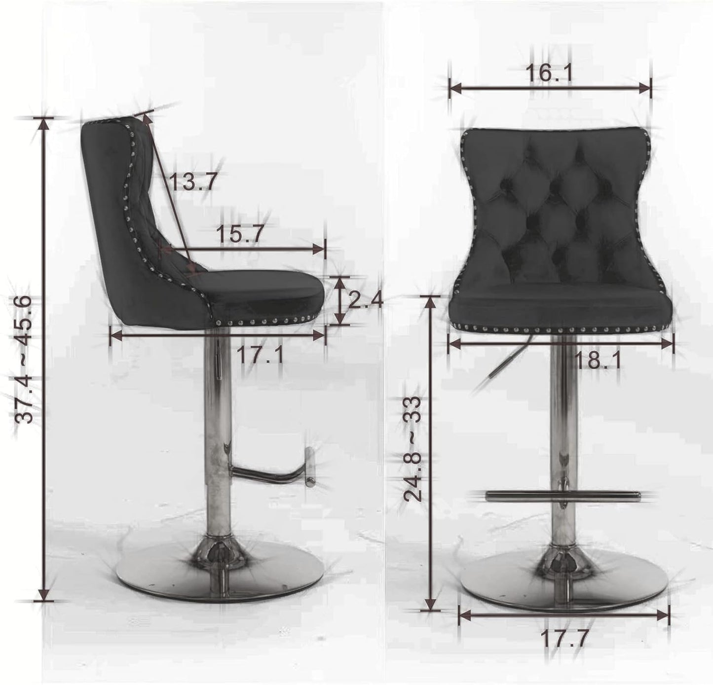 PacknWood Acosure Swivel Velvet Barstools Adjusatble Seat Height from 25-33" with Comfortable Tufted,Modern Upholstered Chrome Base Bar Chairs,for Home Pub Kitchen,Gray,Set of 2