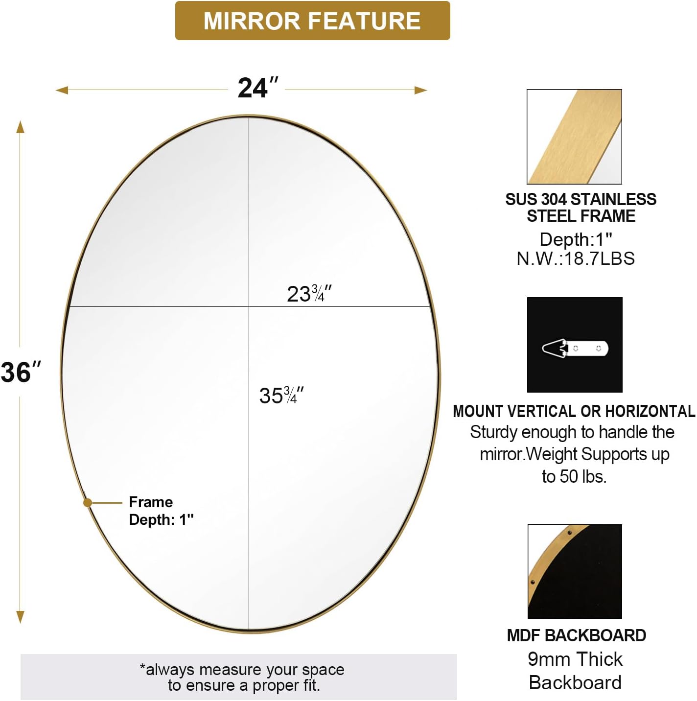 ANDY STAR Gold Oval Mirrors for Bathroom, 24x36 Inch Brushed Gold Stainless Steel Metal Framed Oval Wall Mirror, Modern Vanity Mirror Wall Mount Horizontal or Vertical