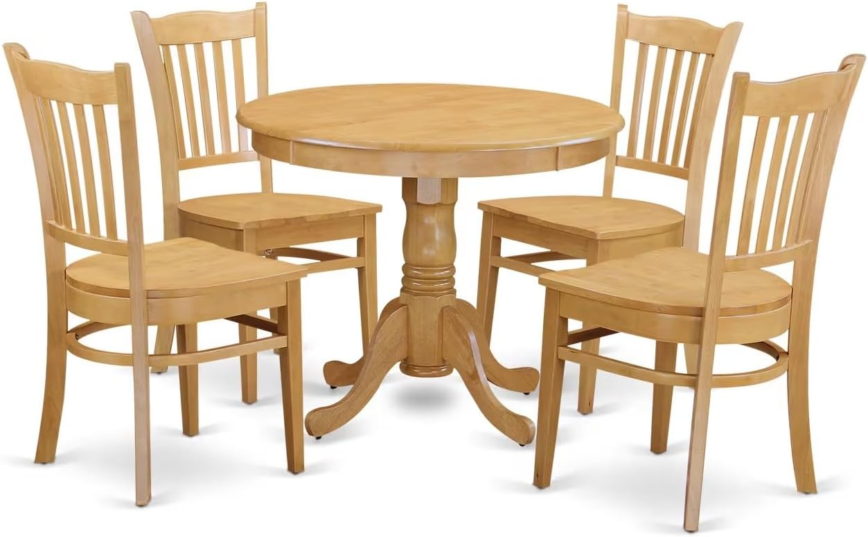 East West Furniture ANGR5-OAK-W 5 Piece Kitchen Table & Chairs Set Includes a Round Dining Room Table with Pedestal and 4 Dining Chairs, 36x36 Inch, Oak