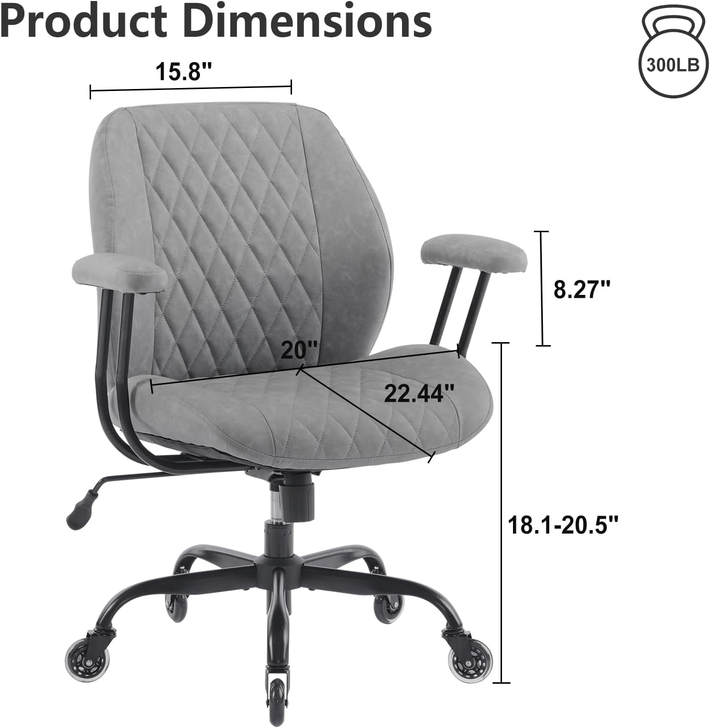 YFO Modern Ergonomic Office Desk Chair, Grey Leather with Lumbar Support, Adjustable Height, Swivel, Armrests, for Office, Gaming, Reading, Relaxing