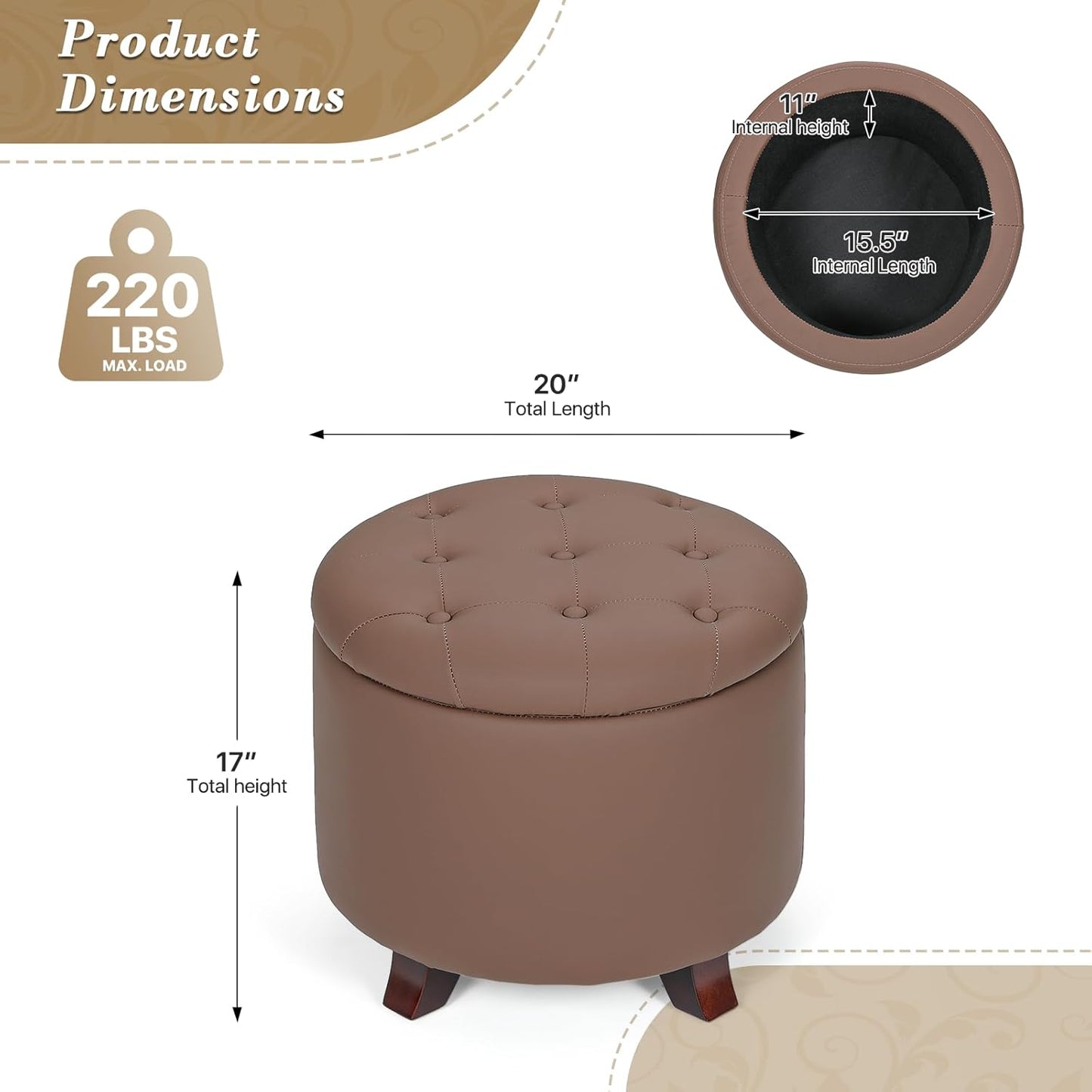 Athena Collection 20 Inch Small Ottoman with Storage, Round PU Leather Storage Ottoman with Removable Lid, Stylish Footstool Foot Rest for Living Room, Bedroom, Dorm, Brown