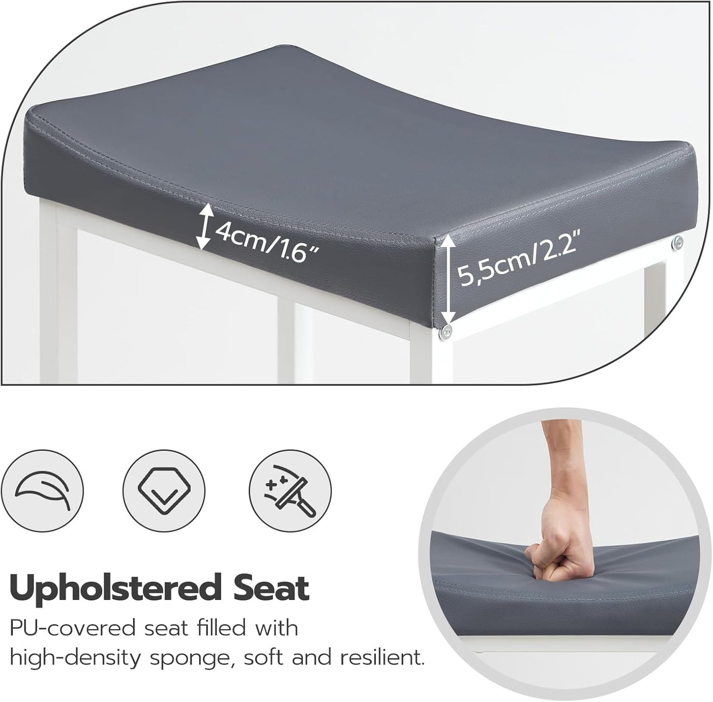 HOOBRO Bar Stools, Set of 2 Counter Height Saddle Chairs, 24.8 Inches, 2.4" Thick Upholstery, White and Gray WG10BY01