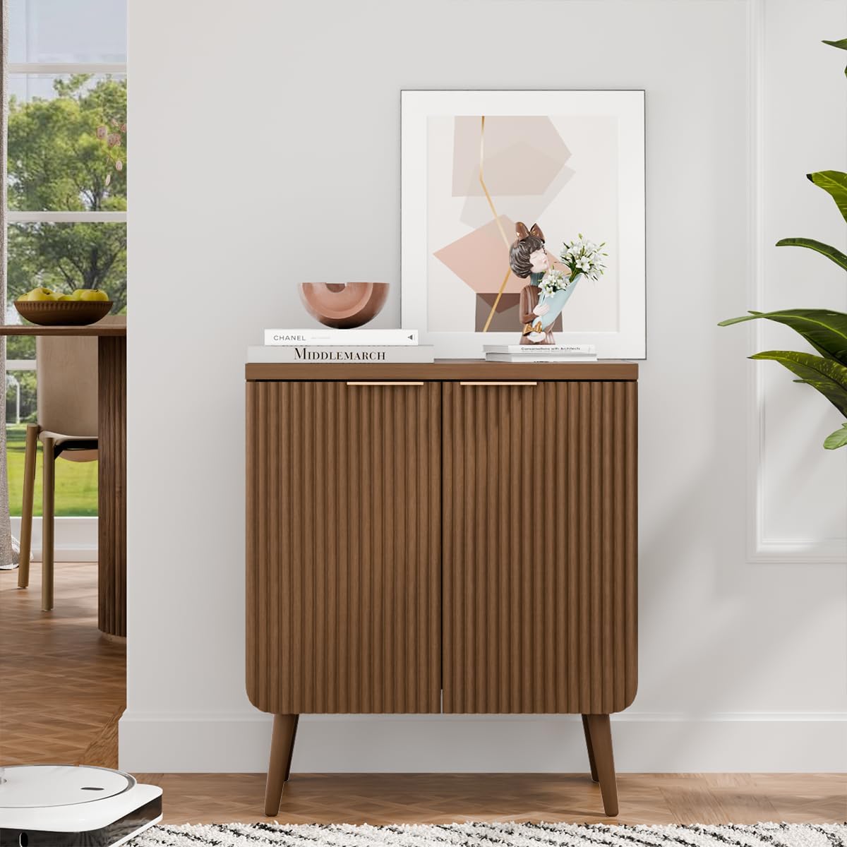 23.6" Sideboard Cabinet with 2 Doors, Modern Buffet Cabinet with Adjustable Shelf, Dining Room Sideboard, Fluted Buffet Sideboard for Living Room, Hallway, Entryway, Walnut