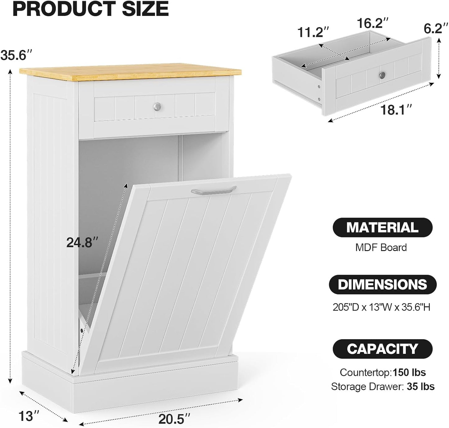GAZHOME 10 Gallon Tilt Out Trash Cabinet, Upgrade Wooden Free Standing Recycling Trash Cabinet with Hideaway Drawer(White)