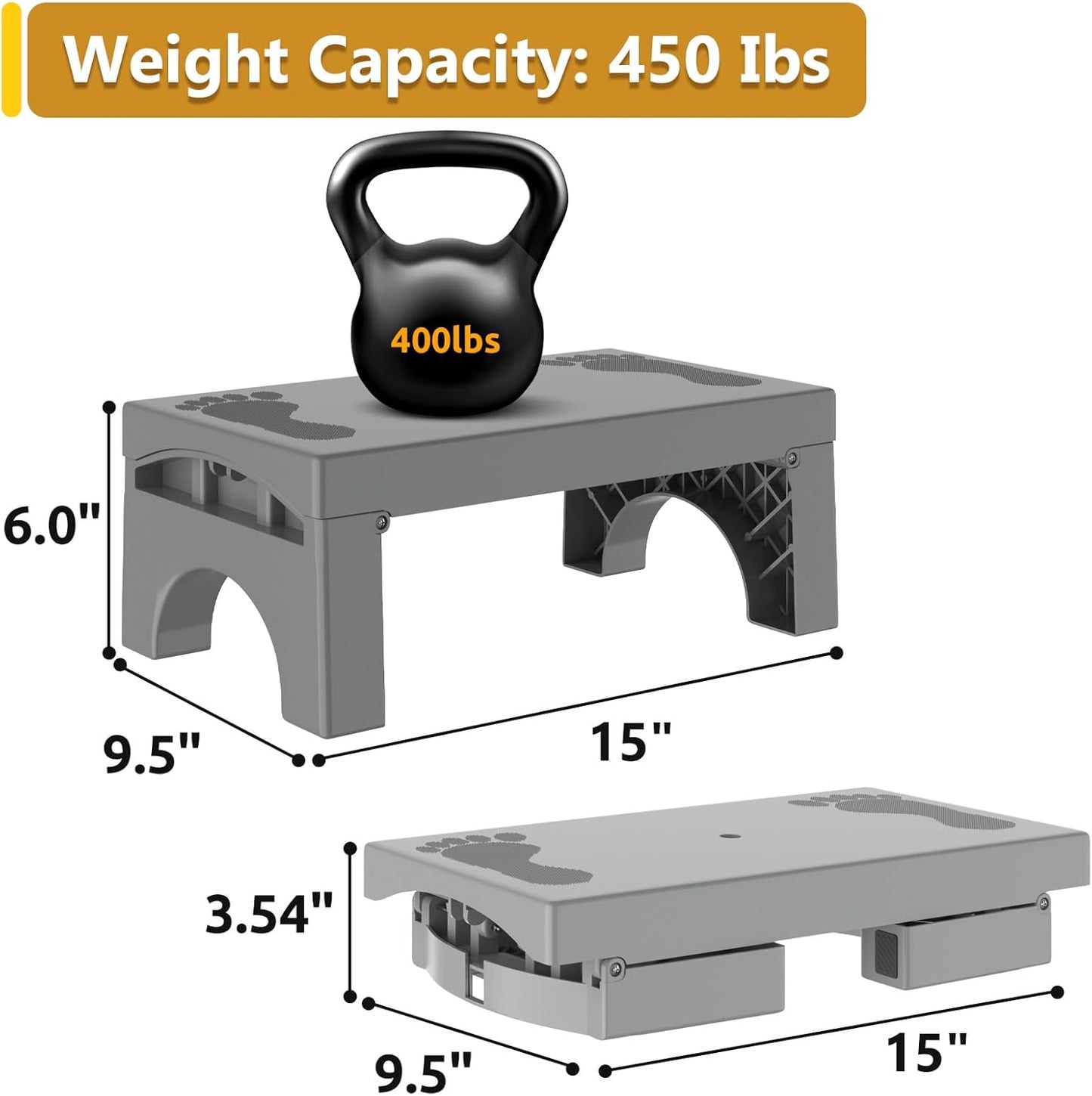 Folding Step Stool for Adults Kids, Heavy Duty Non-Slip Foldable Stepping Stool with 400-LBS Capacity, Safety Collapsible Foot Step Stool for Bathroom Bedroom Kitchen, Bed Steps for High Beds, Gray