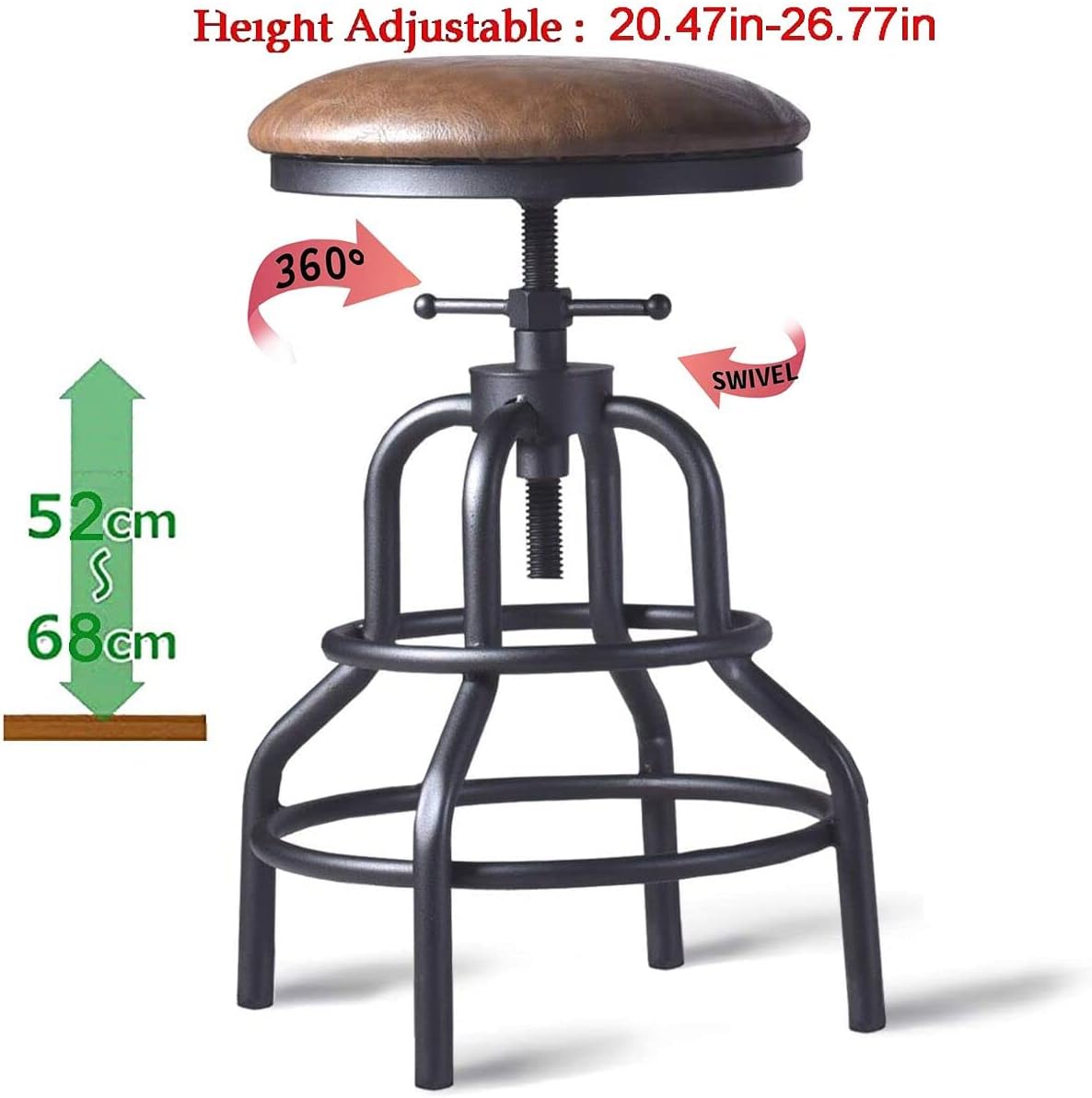 Diwhy Industrial Vintage Counter Stool, Kitchen Counter Height Adjustable Swivel Chair, Metal Frame Stool, 20.47-26.77 Inch, Fully Welded Base, Brown PU Upholstered, Set of 2