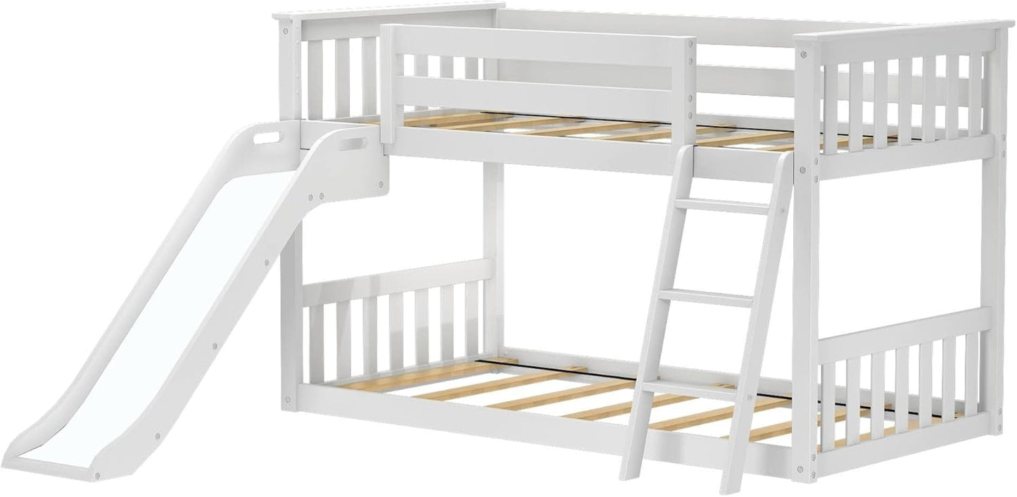 Max & Lily Solid Wood Twin Over Twin Size Low Bunk Beds for Kids with Slide and Ladder, 400 lbs Weight Capacity, 14" Safety Guardrail, Anti-Slip Steps, White
