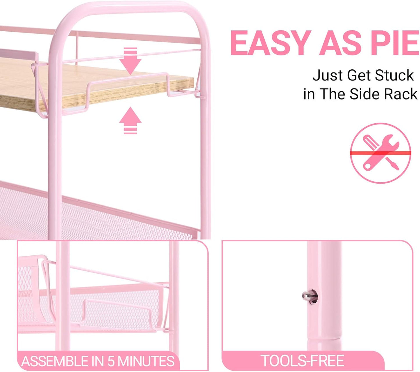 KINGRACK 4-Tier Metal Rolling Utility Cart, Pink, Flexible, Sturdy, Easy Assembly, Anti-Rust, Waterproof, Scratch-Resistant, Breathable Mesh Basket, Ideal for Home Storage