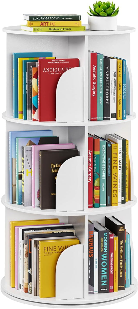 SpaceAid 3 Tier Rotating Bookshelf Tower, Spinning Bookcase Lazy Susan, Revolving 360 Book Shelf Storage Round Carousel, Vertical Rotate Turning Spiral Corner Organizer, White
