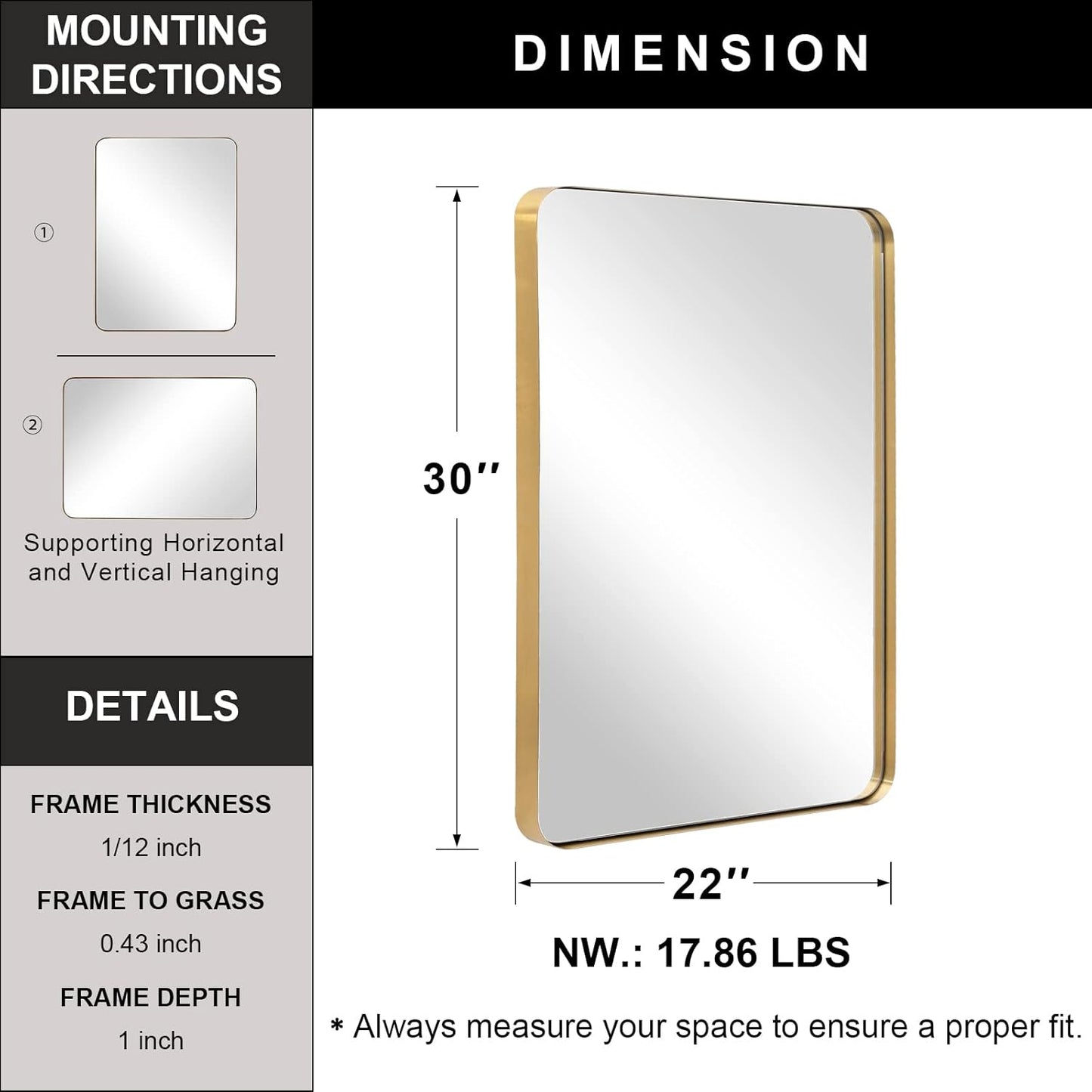 ANDY STAR Gold Bathroom Mirror, 22" x 30" Brushed Brass Metal Wall Mirror, Rounded Rectangle Mirror for Vanity, Framed in Premium Stainless Steel…