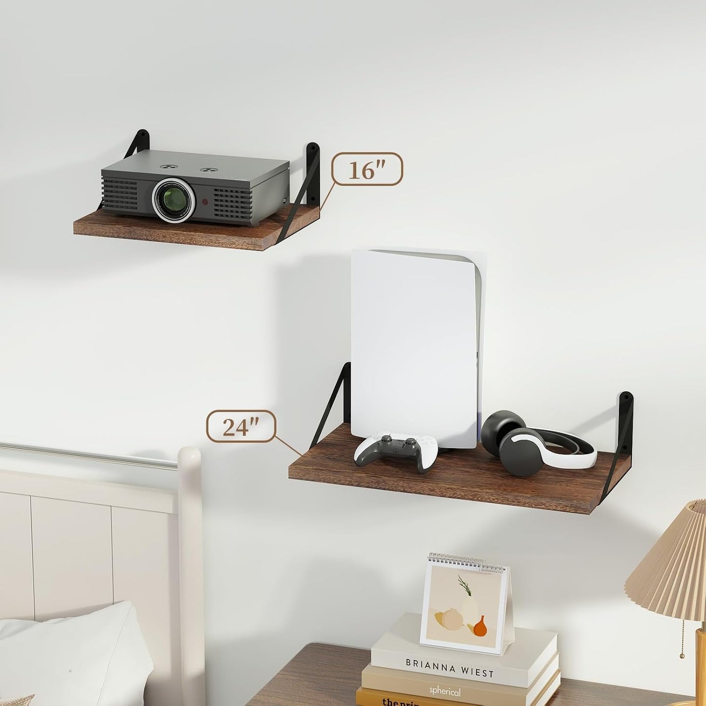 SAUMONIERES Floating Shelves Wall Bookshelf for Bedroom Bathroom Living Room Wood Wall Mounted Wide Deep Storage, Rustic Brown 24 Inch Wall Shelves Set of 2