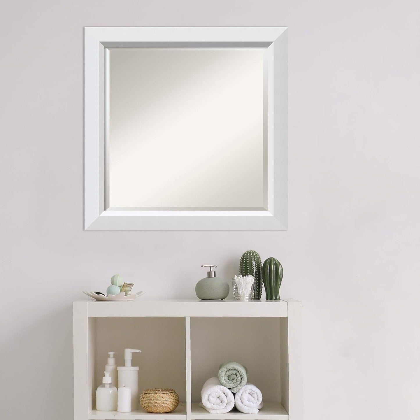 Amanti Art White Bathroom Mirror for Over Sink, 24x24 Blanco White Square Vanity Mirror, Medium Modern Contemporary Wood Frame, Hangs Horizonally and Vertically, Bathroom Wall Decor, Beveled Edge