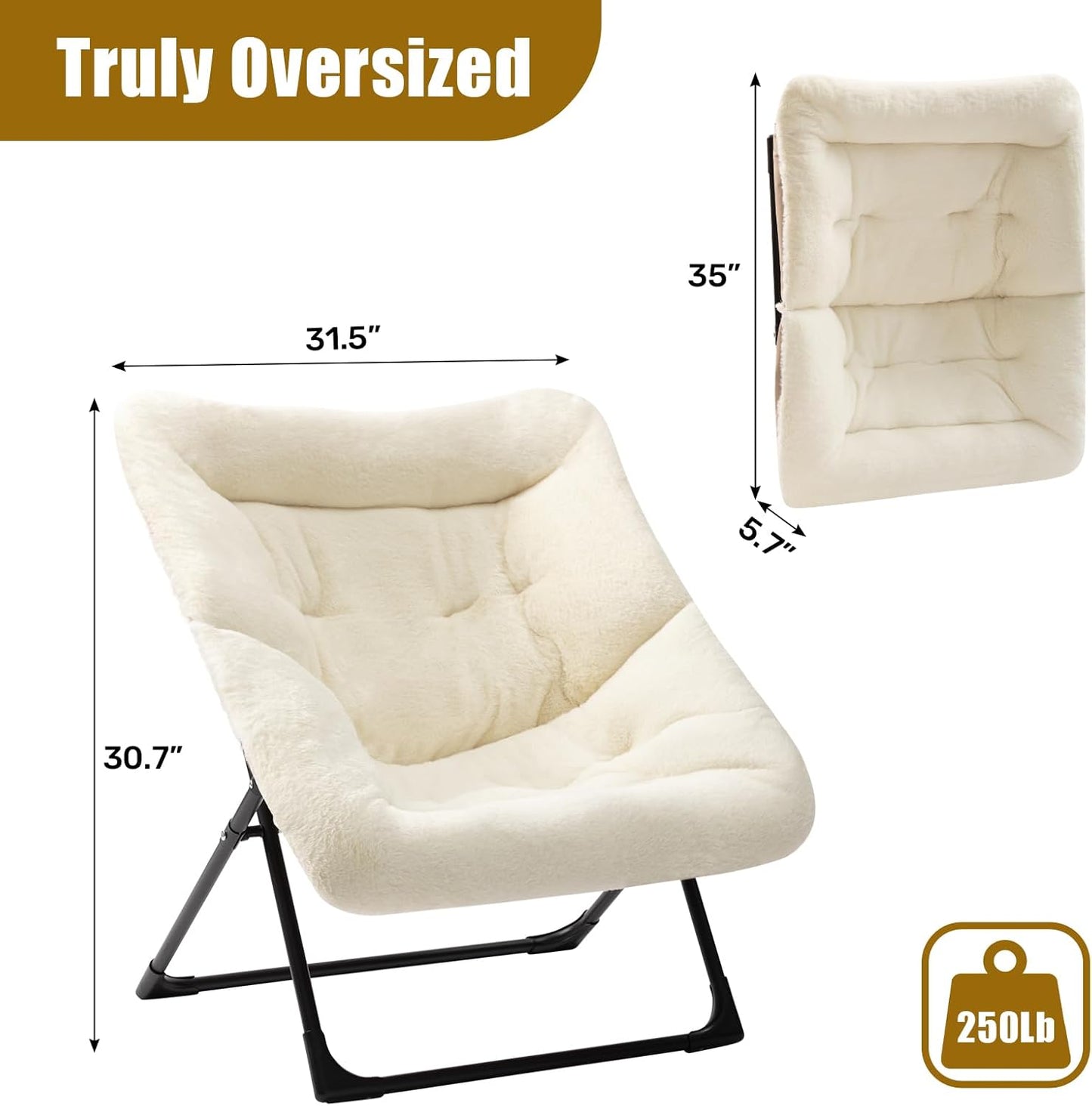 HollyHOME X-Large Saucer Chair, Comfy Oversized Folding Chair, Faux-Fur Reading Chair for Teens, Adults, Foldable Accent Lazy Chair, Metal Frame Lounge Chair for Living Room, Bedroom, Dorm, Beige