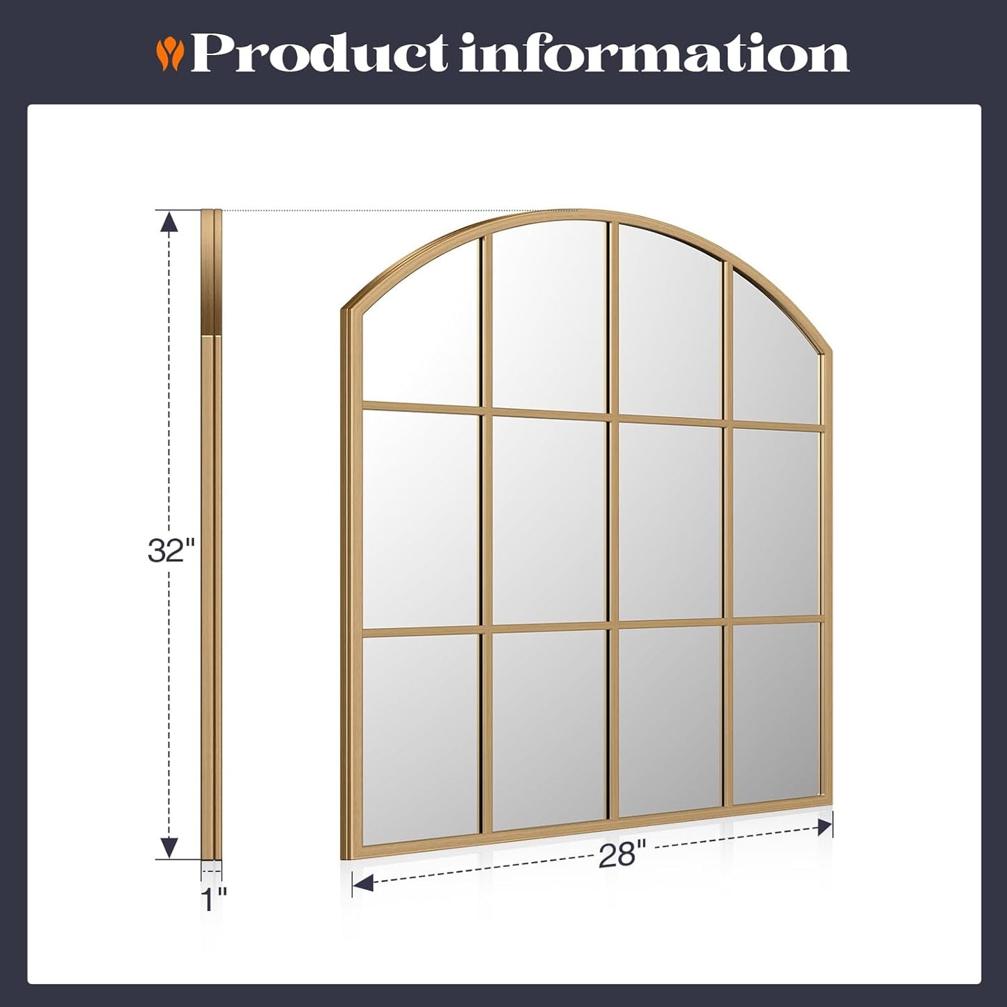 Wide Window Pane Mirror, 28" x 32" Gold Arched Mirrors for Wall, Brass Grid Wall Large Decorative Mirror for Living Room Bedroom Farmhouse Fireplace Hallway Entryway