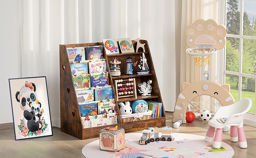 Lerliuo 4 Tier Kids Bookshelf and Storage Organizer, Five Layer Sling Children Bookcase, Baby Toddler Wooden Book Shelf, Display Cabinet for Playroom, Bedroom, Classroom, Nursery, School (Brown)