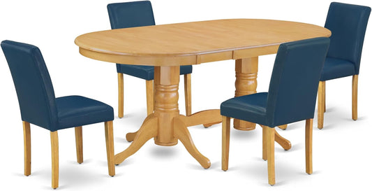 East West Furniture VAAB5-OAK-55 5 Piece Dining Table Set Includes an Oval Dining Room Table with Butterfly Leaf and 4 Oasis Blue Faux Leather Parsons Chairs, 40x76 Inch, Oak