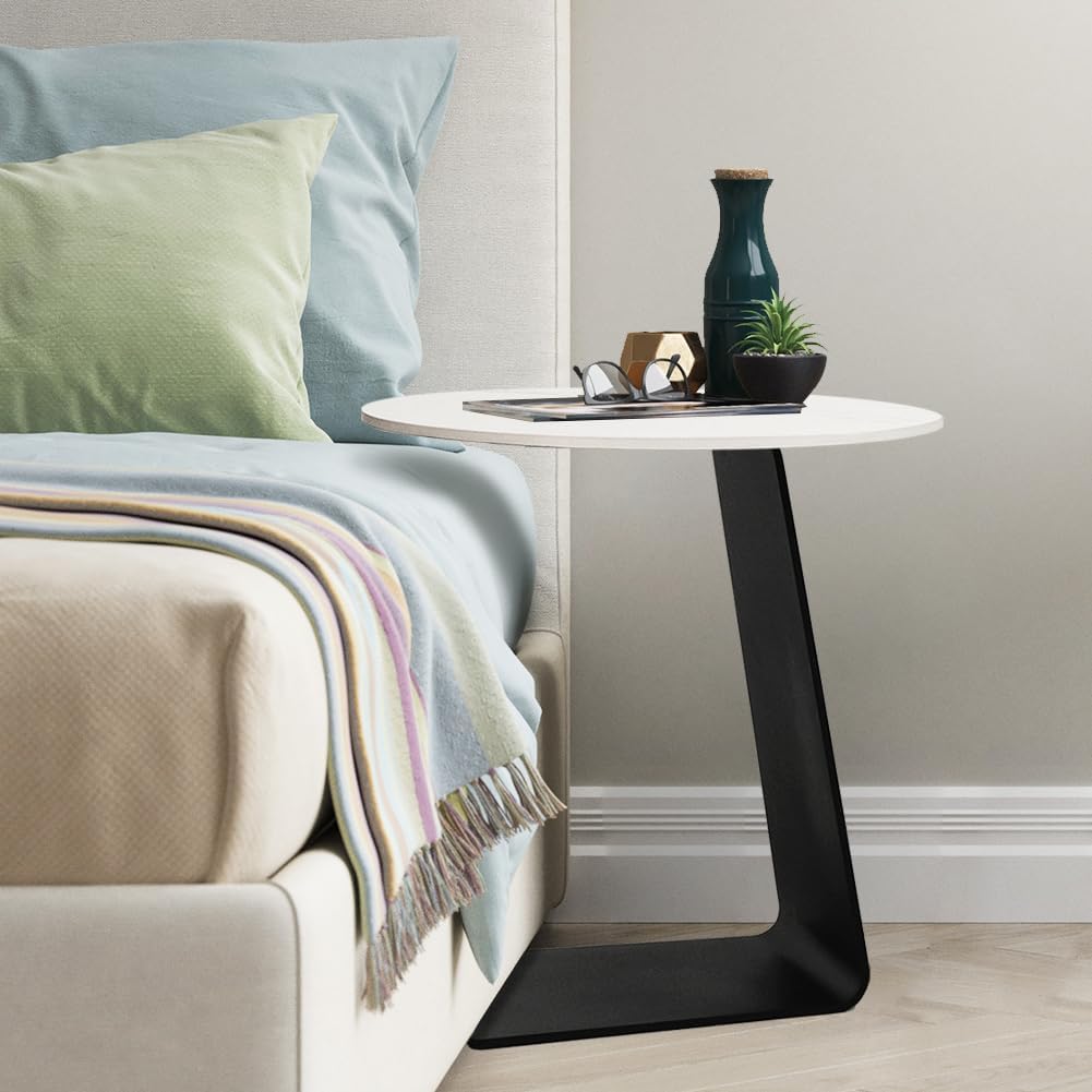 Side Table with Marble Top Metal Black C Shaped End Table Modern Sofa Side End Table Coffee Round Side Desk for Couch Living Room Bedroom