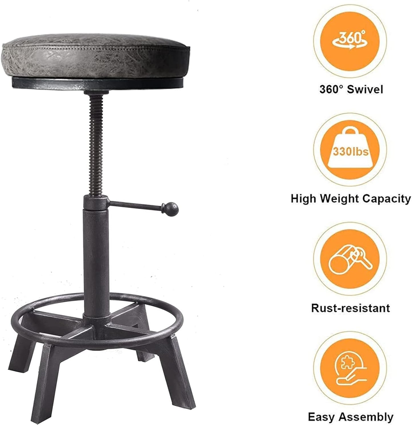 Set of 2 Swivel Pu Seat Bar Stools Industrial Style 17-24inch Height Adjustable Kitchen Stool Extra Guest Chair