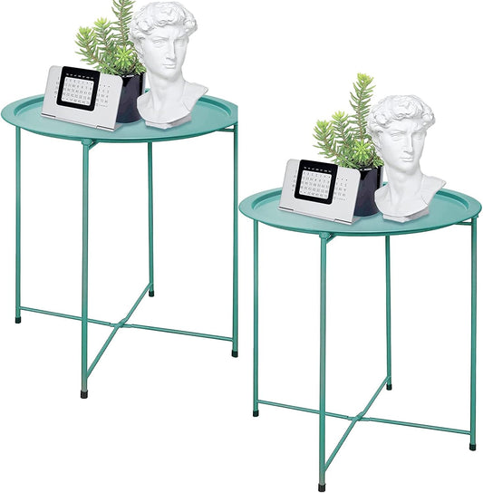Garden 4 you End Table Set of 2, Outdoor Side Table, Small Patio Table Metal Side Table, Round Folding Side Table, for Outdoor and Living Room,Green
