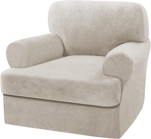 H.VERSAILTEX Sofa Cover 2 Piece T Cushion Armchair Slipcovers Thick Velvet Couch Cover Stretch T Cushion Sofa Covers for 1 Cushion Couch with 1 Individual T Cushion Covers, French Oak