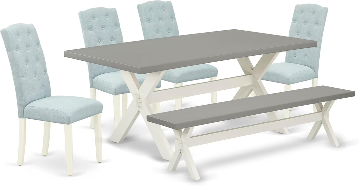 East West Furniture X097CE215-6 6 Piece Dining Room Table Set Contains a Rectangle Kitchen Table with X-Legs and 4 Baby Blue Linen Fabric Parson Chairs with a Bench, 40x72 Inch, Multi-Color