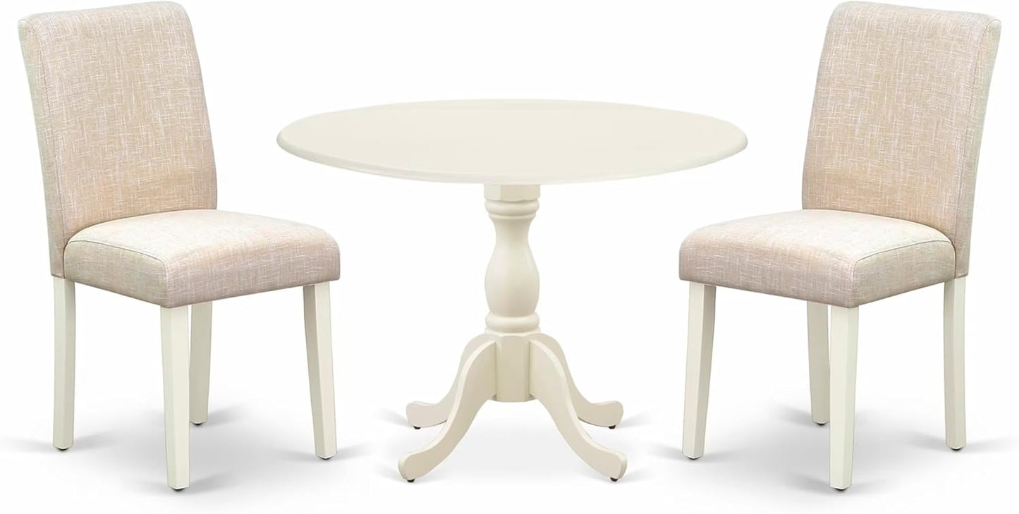 East West Furniture DMAB3-LWH-02 3 Piece Dining Table Set Contains a Round Dining Room Table with Dropleaf and 2 Light Beige Linen Fabric Upholstered Chairs, 42x42 Inch, Linen White