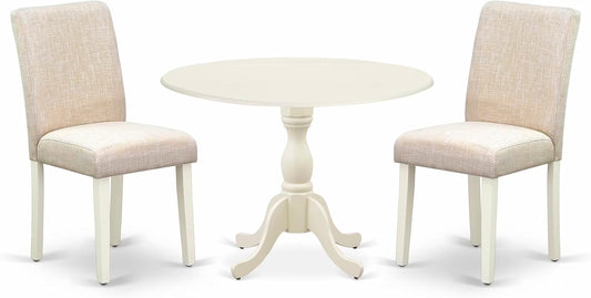 East West Furniture DMAB3-LWH-02 3 Piece Dining Table Set Contains a Round Dining Room Table with Dropleaf and 2 Light Beige Linen Fabric Upholstered Chairs, 42x42 Inch, Linen White