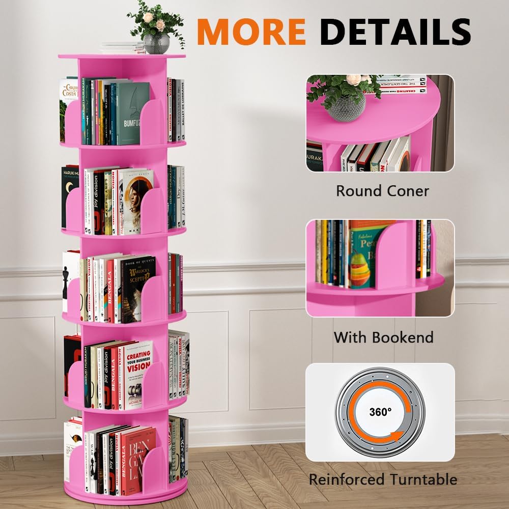 Nidouillet Rotating Bookshelf Tower, 5 Tier Spinning Bookcase Lazy Susan, Revolving 360 Book Shelf Storage Round Organizer, Vertical Rotate Turning Corner Book Case for Small Space, Pink